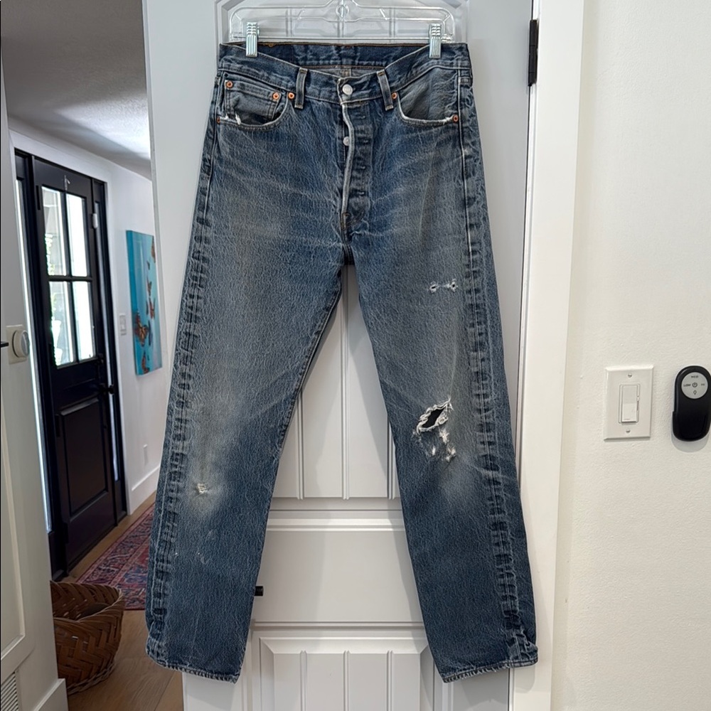 Blue Straight-Leg Jeans with Distressed Details